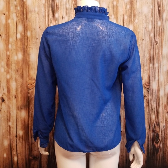 {vintage} royal blue high neck button down blouse - Picture 3 of 7